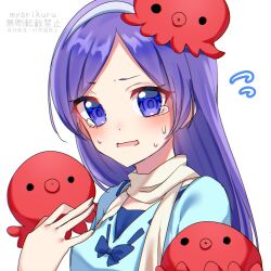  1girl aono_miki blue_bow blue_jacket blue_shirt blush bow commentary crying crying_with_eyes_open flying_sweatdrops fresh_precure! hashtag-only_commentary highres jacket long_hair looking_at_viewer myarikuru octopus open_mouth precure purple_hair scared scarf shirt solo solo_focus sweatdrop symbol-only_commentary tears tiara violet_eyes watermark white_background white_scarf white_tiara 
