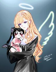 2girls :&lt; aki_rosenthal angel_wings baby black_dress black_hair blonde_hair carrying carrying_baby carrying_person crying dated dress halo highres hololive hololive_english horns long_hair multiple_girls nerissa_ravencroft nun twitter_username virtual_youtuber white_halo wings yuri_kyanon 