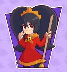  1girl absurdres ashley_(warioware) big_hair black_hair black_pantyhose broom closed_mouth dress efextex hair_between_eyes hairband highres holding holding_broom long_hair long_sleeves looking_at_viewer neckerchief orange_hairband orange_neckerchief pantyhose purple_background red_dress red_eyes skull_ornament solo twintails twitter_username very_long_hair warioware 