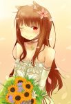  absurdres animal_ears artist_request bare_shoulders blush brown_hair derivative_work dress flower hair_flower hair_ornament highres holo long_hair petals red_eyes smile solo spice_and_wolf sunflower wedding_dress wink wolf_ears 