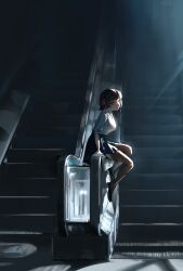  1girl 2bmm2 absurdres black_hair black_pantyhose black_shoes blue_skirt blunt_bangs breasts closed_mouth collared_shirt colored_inner_hair commentary_request ellen_joe ellen_joe_(on_campus) escalator eyelashes from_side full_body highres korean_commentary large_breasts looking_at_viewer multicolored_hair official_alternate_costume pantyhose pink_hair pleated_skirt red_eyes shadow shirt shoes short_hair sitting skirt sleeves_rolled_up solo two-tone_hair variant_set white_shirt zenless_zone_zero 