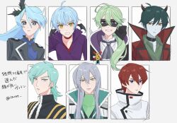  +_+ 6+boys aqua_hair bat_wings black_bow blue_eyes blue_hair blue_necktie blue_skin bow choker clenched_teeth closed_mouth coat collared_shirt colored_skin daruizen delicious_party_precure dokidoki!_precure earrings fresh_precure! fur_trim green_eyes green_hair green_shirt grey_hair hair_bow happinesscharge_precure! head_wings healin'_good_precure highres horns ira_(dokidoki!_precure) isu_is jewelry julio_(precure) kirakira_precure_a_la_mode long_hair looking_at_viewer multiple_boys multiple_drawing_challenge narcistoru necktie open_mouth phantom_(happinesscharge_precure!) pointy_ears precure red_choker red_coat red_hair shirt short_hair side_ponytail simple_background smile souler_(fresh_precure!) teeth translation_request violet_eyes wester_(fresh_precure!) white_shirt wings yellow_eyes 