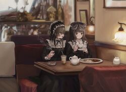  2girls ashtray between_fingers black_bow black_dress black_hairband black_ribbon booth_seating bow braid brown_eyes brown_hair cigarette collar commentary_request couch crossed_bangs cup curry curry_rice dress drinking_glass feet_out_of_frame food frilled_bow frilled_collar frilled_dress frilled_hairband frills glass gothic_lolita hair_bow hairband hand_up hands_up highres holding holding_cigarette holding_cup holding_saucer indoors lamp light_blush lolita_fashion long_dress long_hair looking_at_another looking_to_the_side multiple_girls neck_ribbon on_couch open_mouth original painting_(object) parted_lips picture_frame plate profile puritan_collar restaurant ribbon rice sasami_(shiroi_fuwafuwa) saucer single_braid sitting smoke smoke_trail spoon swept_bangs table tea teacup teapot white_collar 