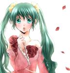  bare_shoulders blush clenched_hand flower green_eyes green_hair hatsune_miku izumi_chiro looking_at_viewer petals rose simple_background solo tears twintails vocaloid white_background 