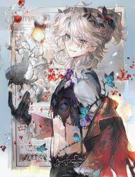  1boy absurdres ahoge bird black_gloves blonde_hair bug butterfly cracked_face crow fang food frilled_sleeves frills fruit gloves half-closed_eye half_updo high_collar highres identity_v jacket looking_at_viewer luca_balsa luca_balsa_(fugue_for_dawn) male_focus pomegranate ponytail red_jacket shirt smile solid_eyes stitched_eye wavy_hair white_shirt xiaomianduoshao 