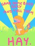  charmander creature dinosaur english flame grass open_mouth parody pokemon sharp_teeth solo standing text 