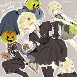  1girl black_boots black_coat black_dress black_sailor_collar black_serafuku blonde_hair blue_eyes boots brown_background coat commentary crying curry curry_rice dress floating floating_object flying_teardrops food gem gem_hair_ornament gloves hair_ornament happy_birthday highres holding holding_plate last_defense_academy_school_uniform leaning_forward looking_at_viewer masked meameeea multiple_views neckerchief one-piece_swimsuit oosuzuki_kurara outline plate red_gemstone rice sailor_collar school_uniform serafuku short_hair shovel sitting swimsuit tearing_up the_hundred_line_-last_defense_academy- white_gloves white_neckerchief white_outline 