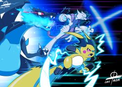 aqua_eyes artist_name blue_fire bright_pupils charizard claws clenched_teeth commentary dairok_(dandroirl) dragon dragon_wings electricity english_commentary eye_trail fang fangs fire highres light_trail mega_charizard_x mega_mewtwo_x mega_pokemon mega_raichu_y mewtwo multiple_tails nostrils open_mouth pokemon pokemon_(creature) pokemon_focus pokemon_legends:_z-a raichu red_eyes slit_pupils spikes tail teeth trait_connection v-shaped_eyes white_pupils wings