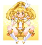  1girl bike_shorts blonde_hair boots bowtie choker cure_peace double_v dress frown gradient gradient_background kise_yayoi long_hair magical_girl precure sato3 shorts_under_skirt skirt smile_precure! solo spread_legs v white_background wrist_cuffs yellow yellow_background yellow_bike_shorts yellow_dress yellow_eyes 