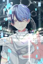  1boy absurdres aoyagi_touya blue_hair clenched_teeth competitive_fire!_(project_sekai) earrings grey_eyes high_collar highres jacket jewelry looking_at_viewer male_focus mole mole_under_eye multicolored_hair official_alternate_costume official_alternate_hairstyle open_clothes open_jacket outstretched_arm outstretched_hand project_sekai shirt smile solo split-color_hair teeth tokooo000 twitter_username two-tone_hair watermark white_jacket white_shirt 