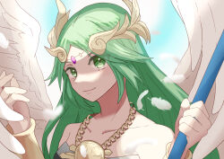  1girl absurdres alternate_color chain circlet collarbone commentary_request feathers gold_chain green_eyes green_hair highres holding holding_staff kid_icarus kid_icarus_uprising kyashii_(cathyyy_illust) palutena player_2 solo staff super_smash_bros. twitter_username upper_body white_wings wings 