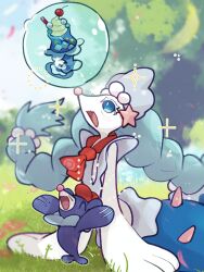 1girl :d ^_^ blue_eyes blue_fur blue_hair braid bubble cherry closed_eyes colored_eyelashes fang food fruit full_body furry furry_female gem hair_ornament hat highres ice_cream long_hair looking_at_object mermaid monster_girl multi-tied_hair neckerchief on_grass open_mouth outdoors pearl_(gemstone) pearl_hair_ornament pink_nose pokemon pokemon_(creature) pokemon_cafe_remix popplio primarina red_hat red_neckerchief sea_lion simple_background skin_fang smile snout sstoh standing starfish_hair_ornament twin_braids 
