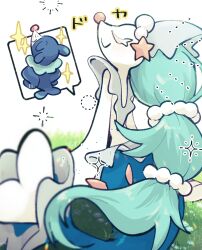  1girl :&gt; blue_fur blue_hair closed_eyes closed_mouth colored_eyelashes full_body furry furry_female gem hair_ornament highres long_hair mermaid monster_girl multi-tied_hair on_grass pearl_(gemstone) pearl_hair_ornament pink_nose pokemon pokemon_(creature) popplio primarina sea_lion simple_background sitting smile snout solo_focus sstoh star_(symbol) starfish_hair_ornament white_background 