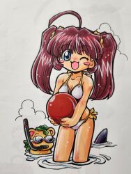  1boy 1girl ahoge ball beachball bear_boy bikini blush_stickers clouds comic_candy_time commentary_request furry furry_male goggles hair_ornament hair_scrunchie highres holding holding_ball holding_beachball kinako_(comic_candy_time) kokomahi long_hair looking_at_viewer one_eye_closed open_mouth partially_submerged pink_hair ripples scrunchie seaweed shark side-tie_bikini_bottom smile snorkel standing star_(symbol) star_in_eye summer swim_goggles swimsuit symbol_in_eye traditional_media twintails wading white_background white_bikini yellow_scrunchie 