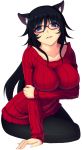  animal_ears arm_support black_hair black_legwear blue_eyes blush breast_hold breasts cat_ears glasses highres impossible_clothes impossible_shirt kisaragi_yakumo large_breasts long_hair original pantyhose parted_lips red-framed_glasses solo sweater 