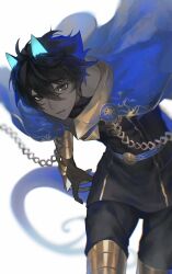  1boy arjuna_(fate) arjuna_alter_(fate) arjuna_alter_(third_ascension)_(fate) armor black_eyes black_hair blue_cape blue_horns cape cowboy_shot dark-skinned_male dark_skin fate/grand_order fate_(series) gloves glowing_horns hair_between_eyes highres horns indian_clothes jewelry looking_at_viewer male_focus open_mouth shion_(reira) short_hair simple_background solo tail vambraces white_background 