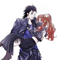  1boy 1girl aerith_gainsborough aerith_gainsborough_(midgard_seventh_high_school) bandaid bandaid_on_cheek bandaid_on_face black_hair black_jacket black_pants black_sailor_collar black_serafuku black_skirt blue_eyes blue_shirt blush brown_hair carrying commentary_request couple delinquent embarrassed feet_out_of_frame final_fantasy final_fantasy_vii final_fantasy_vii_ever_crisis flower gakuran gradient_hair green_eyes hair_flower hair_ornament hair_ribbon hatidoricrisp high_ponytail highres jacket jewelry long_hair mask mouth_mask multicolored_hair neckerchief necklace official_alternate_costume one_eye_closed open_clothes open_jacket open_mouth pants ponytail princess_carry red_hair ribbon sailor_collar school_uniform serafuku shirt short_hair skirt spiky_hair sukeban white_background white_neckerchief zack_fair zack_fair_(midgard_seventh_high_school) 