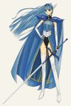  1girl armor bad_id bangs blue_cape blue_eyes blue_hair boots cape closed_mouth elbow_gloves female full_body gloves hairband hand_on_hip highres hime_cut holding holding_sword holding_weapon juliettefwong legs leotard leotard_under_clothes long_hair long_legs magic_knight_rayearth rapier ryuuzaki_umi shoulder_armor simple_background solo standing sword thigh-highs thigh_boots thighhighs very_long_hair weapon white_background white_footwear white_gloves white_thigh_boots 