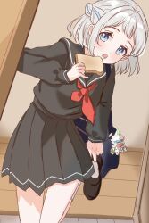  1girl bag bag_charm black_sailor_collar black_serafuku black_shirt black_shoes black_skirt blue_bag blue_eyes blue_ribbon braid bread bread_slice charm_(object) commentary_request food foot_out_of_frame gakuen_idolmaster grey_hair hair_ribbon half_up_braid hand_up highres holding holding_food idolmaster indoors katsuragi_lilja loafers looking_at_viewer medium_hair neckerchief ojiramiiiii open_mouth pleated_skirt putting_on_footwear red_neckerchief ribbon ribbon_braid sailor_collar school_bag school_uniform serafuku shirt shoes shoulder_bag skirt socks solo standing standing_on_one_leg toast white_socks 