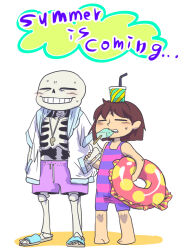  1boy 1other 2021 2d =_= alternate_costume ambiguous_gender aoimomushi barefoot blue_hood blue_sandals brown_hair colored_shadow commentary cup cup_on_head digital_media drink drinking_straw duo english_commentary english_text food food_in_mouth frills frisk_(undertale) grey_sandals hands_in_pockets holding holding_swim_ring hood hood_down hooded_jacket horizontal-striped_clothes human humanoid innertube jacket male monster monster_boy one-piece_swimsuit open_clothes open_jacket pink_shorts pink_stripes popsicle purple_shirt sandals sans_(undertale) short_hair shorts simple_background skeleton striped_clothes striped_swimsuit summer swim_ring swimsuit teeth text two-tone_sandals two-tone_swimsuit undead undertale utdr_(toby_fox) whistle white_background white_jacket 