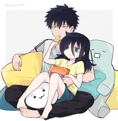  1boy 1girl 2channel :3 :t arm_around_waist arm_up bag_of_chips bags_under_eyes barefoot black_hair black_pants border brother_and_sister casual chips_(food) closed_mouth commentary_request cushion diagonal-striped_background eating feeding food food_on_face green_eyes green_shorts grey_background grey_eyes grey_shirt highres kuroki_tomoki kuroki_tomoko long_hair nuka_(nukamochi) open_mouth outside_border pants potato_chips shirt shoboon short_hair shorts siblings sitting sitting_on_lap sitting_on_person striped_background t-shirt teeth toes upper_teeth_only watashi_ga_motenai_no_wa_dou_kangaetemo_omaera_ga_warui! white_border yellow_shirt 