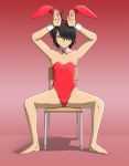  animal_ears antenna_hair araragi_koyomi arm arm_up armpits arms arms_up bare_shoulders barefoot black_eyes black_hair bowtie bunny_ears bunnysuit chair crossdressinging hair_over_one_eye hand_on_head hands_on_head highres legs male monogatari_(series) serious shadow shirosame short_hair sitting solo spread_legs wrist_cuffs 