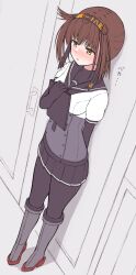  1girl anchor_symbol black_bodysuit black_neckerchief black_sailor_collar black_skirt blush bodysuit boots breasts brown_hair commentary_request corset door door_handle grey_boots hachimaki hatsuzuki_(kancolle) headband highres kantai_collection knee_boots medium_breasts neckerchief pleated_skirt rudder_footwear sailor_collar school_uniform serafuku shirt short_hair short_sleeves sidelocks skirt solo tiemu_(man190) white_shirt yellow_eyes 