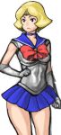  66head bishoujo_senshi_sailor_moon blonde_hair collar cosplay elbow_gloves female gloves gundam mobile_suit_gundam sailor_moon sailor_moon_(cosplay) sayla_mass short_hair skirt solo 