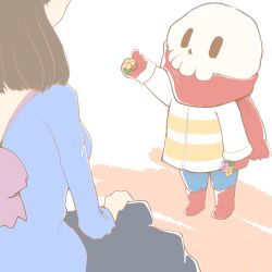  1:1 1boy 1girl 2018 2d 716fluffybunny absurdres age_switch aged_down aged_up black_skirt blouse blue_pants blue_shirt boots brown_hair child digital_media double_horizontal_stripe duo female flower frisk_(undertale) gloves head_out_of_frame height_difference highres holding holding_flower horizontal-striped_clothes human humanoid jacket jewelry male male_focus medium_hair monster monster_boy out_of_frame pants papyrus_(undertale) pink_flower red_boots red_gloves ring shirt simple_background skeleton skirt solo_focus striped_clothes striped_jacket teeth two-tone_jacket undead undertale utdr_(toby_fox) white_background white_jacket yellow_flower yellow_stripes 