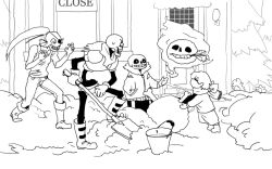  1girl 1other 2019 2boys 2d ambiguous_gender ankle_boots anthro aoimomushi armor black_eyepatch black_shorts boots brothers bucket cape child commentary digital_media ear_fins english_commentary eyepatch female fins fish fish_girl frisk_(undertale) gloves head_fins high_ponytail holding_shovel hood hood_down hooded_jacket human humanoid jacket long_hair male monochrome monster monster_boy monster_girl multiple_boys open_clothes open_jacket outdoors papyrus_(undertale) pine_tree ponytail restaurant sans_(undertale) sharp_teeth shirt short_hair shorts shovel siblings simple_background single_vertical_stripe skeleton slit_pupils snow striped_shorts sweater teeth tree undead undertale undyne utdr_(toby_fox) vertical-striped_clothes vertical-striped_shorts white_background white_stripes 