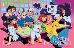  2girls 6+boys animal_print bag bare_shoulders black_hair black_jacket black_pants black_shirt blonde_hair blue_pants blue_shirt blunt_bangs breasts brown_hair camisole chiou! closed_eyes collarbone collared_shirt confetti double_v facial_mark fushiguro_megumi glasses gojou_satoru green_hair green_shirt grey_hair grin hat headphones headphones_around_neck holding holding_juice_box holding_phone inumaki_toge iori_utahime itadori_yuuji jacket jacket_partially_removed juice_box jujutsu_kaisen kneeling kugisaki_nobara leopard_print long_hair medium_breasts multiple_boys multiple_girls nanami_kento necktie open_mouth overalls panda panda_(jujutsu_kaisen) pants parted_bangs party_hat phone pink_hair ponytail print_necktie purple_camisole round_eyewear selfie sharp_teeth shirt short_hair shoulder_bag sitting smile streamers sunglasses swept_bangs t-shirt taking_picture teeth twitter_username v watch watch white_hair white_overalls white_shirt yellow_shirt 