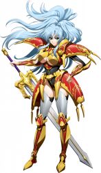 1girl arm_guards armor armored_boots big_hair black_leotard blue_hair boobplate boots breasts closed_mouth clothing_cutout cuisses floating_hair full_body game_cg gold_armor gold_boots gold_trim green_eyes hand_on_own_hip helena_(langrisser) holding holding_sword holding_weapon huge_weapon knight langrisser langrisser_mobile large_breasts leotard light_smile long_hair looking_at_viewer official_art pauldrons ponytail red_armor shoulder_armor sidelocks solo spiked_armor spikes standing sword tachi-e tassets third-party_source transparent_background two-tone_armor under_boob underboob_cutout vambraces warrior weapon 