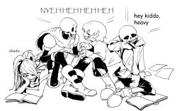  1girl 1other 2019 2boys 2d ambiguous_gender ankle_boots anthro aoimomushi armor black_eyepatch black_shorts blue_shirt blue_shorts book boots brothers cape child commentary digital_media double_horizontal_stripe ear_fins english_commentary english_text engrish_text eyepatch female fins fish fish_girl frisk_(undertale) gloves head_fins high_ponytail holding holding_book holding_remote_control hood hood_down hooded_jacket horizontal-striped_clothes human humanoid jacket long_hair lying male monochrome monster monster_boy monster_girl multiple_boys on_stomach open_clothes open_jacket paper papyrus_(undertale) pink_stripes ponytail ranguage remote_control sans_(undertale) sharp_teeth shirt short_hair shorts siblings simple_background single_vertical_stripe sitting skeleton slit_pupils striped_clothes striped_shirt striped_shorts teeth two-tone_shirt undead undertale undyne utdr_(toby_fox) vertical-striped_clothes vertical-striped_shorts white_background white_stripes 