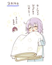  2girls :d ^_^ blanket blue_shirt blush_stickers chibi chibi_inset closed_eyes closed_mouth cropped_legs glasses grey_hair hashtag-only_commentary highres holding holding_blanket ikeda_chitose long_sleeves multiple_girls namori open_mouth purple_hair shirt short_hair simple_background smile sugiura_ayano translation_request white_background yuruyuri 