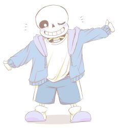  1boy 2023 2d aqua_shorts blue_jacket blue_theme cacaonibs00 cute digital_media drawstring full_body grey_hood grin hollow_eyes hood hood_down hooded_jacket humanoid jacket male male_focus male_only mittens monster monster_boy notice_lines one_eye_closed open_clothes open_jacket outstretched_arms purple_slippers sans_(undertale) shadow shirt shorts simple_background single_vertical_stripe skeleton sleeves_past_wrists slippers smile socks solo standing striped_shorts teeth undead undertale utdr_(toby_fox) vertical-striped_clothes vertical-striped_shorts white_background white_mittens white_shirt white_socks white_stripes 