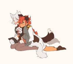  2girls animal_ears animal_hands asticassia_school_uniform black_hairband black_pantyhose black_socks blue_eyes blush closed_mouth commentary dog_ears dog_girl dog_tail english_commentary fang flying_sweatdrops green_jacket grey_eyes gundam gundam_suisei_no_majo hairband highres hug hug_from_behind jacket long_hair miorine_rembran multiple_girls open_mouth pantyhose red_hair school_uniform simple_background skin_fang socks suletta_mercury tail tail_wagging tanukimo_imo white_hair white_jacket yellow_background yuri 