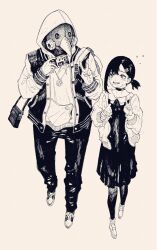  1boy 1girl absurdres cardigan chainsaw_man choker commentary commentary_request dress full_body gas_mask greyscale grin height_difference higashiyama_kobeni highres holding holding_ice_cream_cone hood hoodie ice_cream_cone iinohibiki jacket letterman_jacket looking_at_another mask mole mole_under_eye mole_under_mouth monochrome multiple_hair_clips multiple_moles neck_ribbon pants pantyhose pinafore_dress ponytail ribbon short_ponytail simple_background single_sidelock sleeveless sleeveless_dress smile v violence_fiend_(chainsaw_man) 