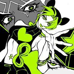  1girl 2boys braid clamchowder55 crop_top double_bun earrings enrico_pucci facial_hair green_eyes green_hair green_lips green_theme hair_bun hand_up hat heart highres jewelry jojo_no_kimyou_na_bouken kujo_jolyne kujo_jotaro mobius_strip multiple_boys partially_colored star_(symbol) stone_ocean string stud_earrings sweat 