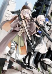  2girls absurdres adjusting_clothes adjusting_headwear baseball_cap black_gloves black_leggings blonde_hair blue_eyes blue_gloves bodysuit city commentary_request day full_body girls_frontline gloves gun hair_ornament hat highres holding holding_gun holding_weapon jacket knee_pads leggings long_hair long_sleeves looking_at_viewer multiple_girls nisoichi open_mouth outdoors parted_lips ruins scar-h_(girls'_frontline) scar-l_(girls'_frontline) scope shirt sidelocks single_knee_pad smile teeth turtleneck turtleneck_bodysuit weapon 