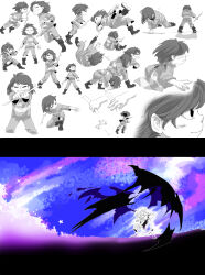  1boy 1other 2019 2d ambiguous_gender animal_ears ankle_boots anthro aoimomushi asriel_dreemurr asriel_dreemurr_(god_of_hyperdeath) blue_shirt blue_shorts boots brown_hair child commentary digital_media double_horizontal_stripe droopy_ears duo dynamic_pose english_commentary fighting_stance floppy_ears frisk_(undertale) furry furry_male goat goat_boy goat_ears holding holding_stick horizontal-striped_clothes horns human monochrome multiple_views other_focus pink_stripes shirt short_hair shorts simple_background stick striped_clothes striped_shirt two-tone_shirt undertale utdr_(toby_fox) white_background 