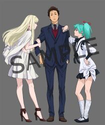  1boy 2girls blonde_hair blue_eyes blue_hair brown_hair capelet closed_mouth commentary_request dress earrings full_body gigi_andalusia gundam gundam_hathaway's_flash hathaway_noa high_heels jewelry long_hair looking_at_viewer multiple_girls nail_polish official_art onda_naoyuki quess_paraya sample_watermark simple_background skirt suit triangle_earrings twintails watermark white_dress 