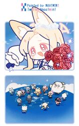  6+girls animal_ear_fluff animal_ears arona_(blue_archive) artist_name atsuko_(blue_archive) blonde_hair blue_archive bouquet clapping clouds congratulations detached_sleeves dress flower fox_ears fox_girl halo hanako_(blue_archive) hanako_(swimsuit)_(blue_archive) hifumi_(blue_archive) highres holding holding_bouquet holding_hose hose koharu_(blue_archive) long_hair mari_(blue_archive) meme mika_(blue_archive) mine_(blue_archive) multiple_girls naatmint nagisa_(blue_archive) omedetou!_(meme) open_mouth parody peroro_(blue_archive) pink_halo plana_(blue_archive) red_halo rose scene_reference seia_(blue_archive) serina_(blue_archive) shiroko_(blue_archive) shiroko_terror_(blue_archive) twitter_username white_dress yellow_eyes yellow_halo 