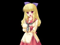  1girl 2000s_(style) arms_under_breasts black_background blonde_hair blunt_bangs blush bow breasts collarbone cowboy_shot crossed_arms drill_hair drill_sidelocks game_cg grey_neckerchief hair_bow honoo_no_haramase_tenkousei huge_breasts long_hair long_sleeves looking_at_viewer miyasu_risa neckerchief open_mouth purple_bow red_eyes red_sailor_collar ryuugasaki_reika sailor_collar sailor_shirt school_uniform serafuku shirt sidelocks simple_background skirt solo standing tachi-e tsurime twin_drills v-shaped_eyebrows variant_set very_long_hair yellow_serafuku 