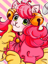  1girl 2019 2d :3 animal_ears aoimomushi apron cat_ears cat_girl cat_tail commentary diagonal-striped_background digital_media dress english_commentary female female_only gloves green_eyes humanoid looking_at_viewer low_twintails mad_mew_mew outline pink_background pink_dress pink_hair simple_background solo striped_background tail twintails two-tone_background undertale upper_body utdr_(toby_fox) white_background white_outline 