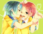  aqua_eyes aqua_hair hanasaki_coa heart inazuma_eleven inazuma_eleven_(series) inazuma_eleven_go kariya_masaki kirino_ranmaru male multiple_boys pink_hair pocky soccer_uniform twintails wink yaoi yellow_eyes 