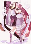  alternate_costume boots breasts choker dress fan folding_fan ghost hexagon hitodama japanese_clothes kimono lia-sama no_hat no_headwear pink_hair red_eyes ribbon saigyouji_yuyuko saigyouji_yuyuko's_fan_design shippou_(pattern) short_hair short_kimono smile solo touhou 