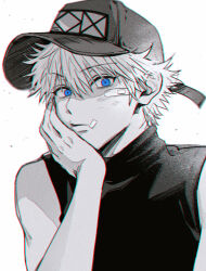  1boy alrlmigi bandaid bandaid_on_face baseball_cap blue_eyes closed_mouth commentary_request hand_on_own_face hat head_rest highres hunter_x_hunter killua_zoldyck korean_commentary looking_at_viewer male_focus short_hair simple_background sleeveless sleeveless_turtleneck solo turtleneck upper_body white_background 