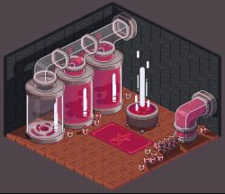  container crate factory indoors isometric jam jar no_humans original pixel_art rug scenery star_(symbol) tube ventiquepxl wooden_floor 