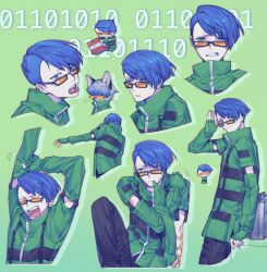  1boy animalization binary black-framed_eyewear black_pants blue_eyes blue_hair chibi chibi_inset clenched_teeth clothes_in_mouth collared_jacket commentary cropped_legs cropped_shoulders cropped_torso detached_sleeves drop_shadow english_commentary explosive fingerless_gloves from_behind from_side glasses gloves green_jacket grenade_pin grenade_pin_in_mouth grey_background highres jacket looking_ahead looking_at_viewer looking_to_the_side male_focus multiple_views open_mouth orange-tinted_eyewear outstretched_arm pants person_and_animalization persona persona_3 salute shirato_jin short_hair simple_background smile stretching striped_clothes striped_jacket teeth tinted_eyewear tkjnbrnrt tnt tnt_block_(minecraft) tongue tongue_out undercut yawning 