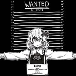  1girl absurdres ascot bow character_name closed_mouth collared_shirt facing_viewer greyscale hair_bow hayoibu height_chart height_mark highres long_sleeves looking_at_viewer medium_hair monochrome mugshot outstretched_arms ribbon rumia sharp_teeth shirt sign slit_pupils solo teeth touhou upper_body 